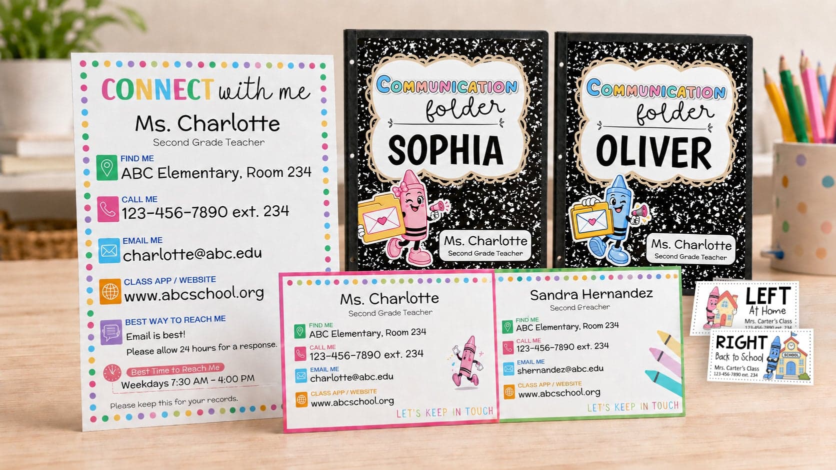 Teacher contact kit with contact handout, communication folders, cards, and labels