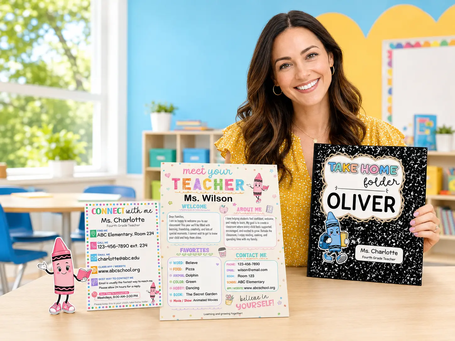 Elementary teacher presenting colorful Wonderful Class crayon-themed classroom resources